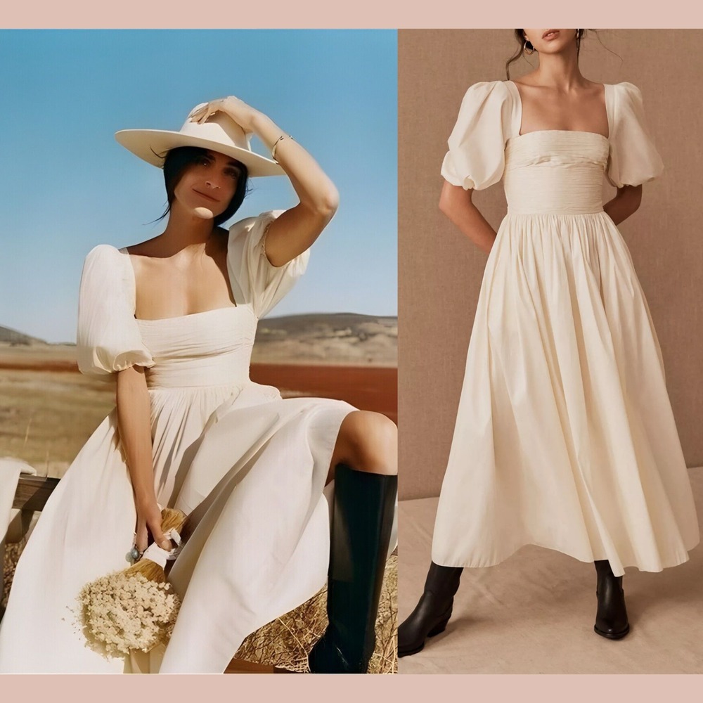NWD Sachin & Babi [ 4 ] Square Neck Puff Sleeve‎ Midi Emile Dress Ivory S1768